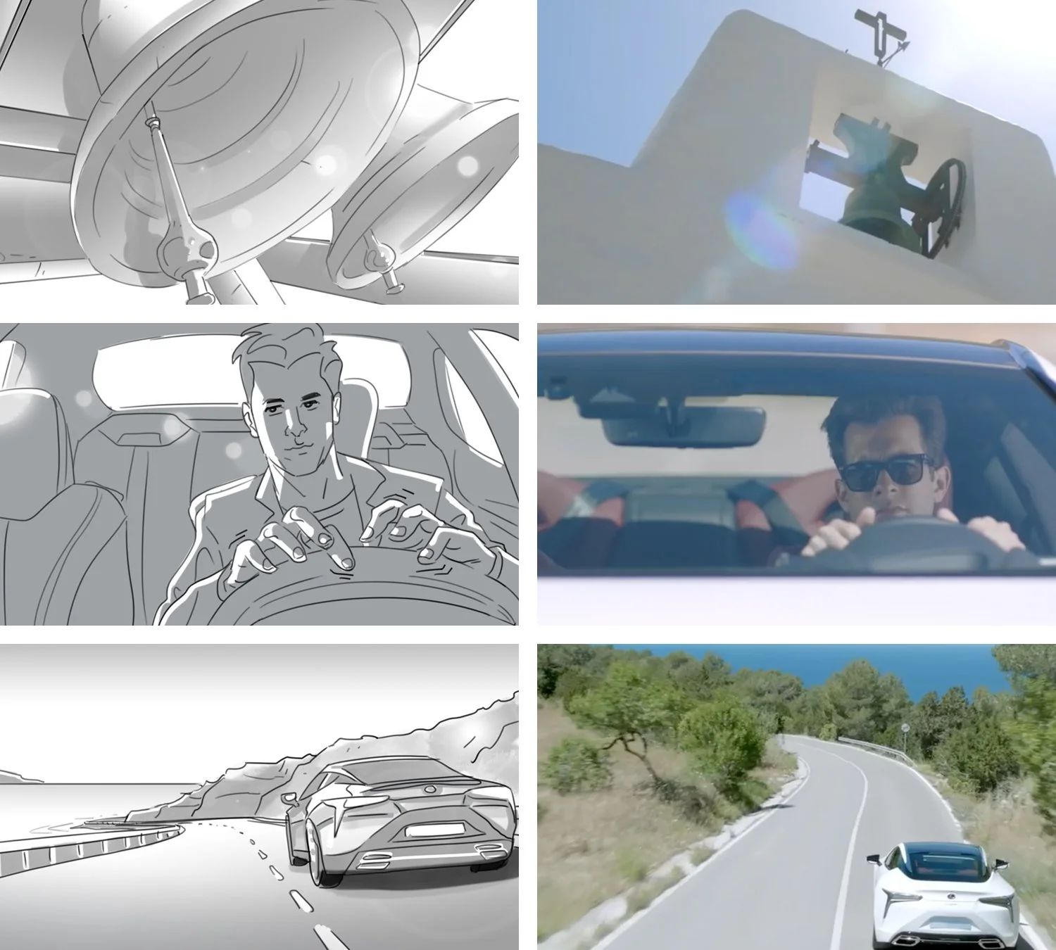 Storyboard sheet by Seb Antoniou for the Lexus LC 500 "Make Your Mark" interactive music video with Mark Ronson — sequence frames covering car, talent and Ibiza-night beats.