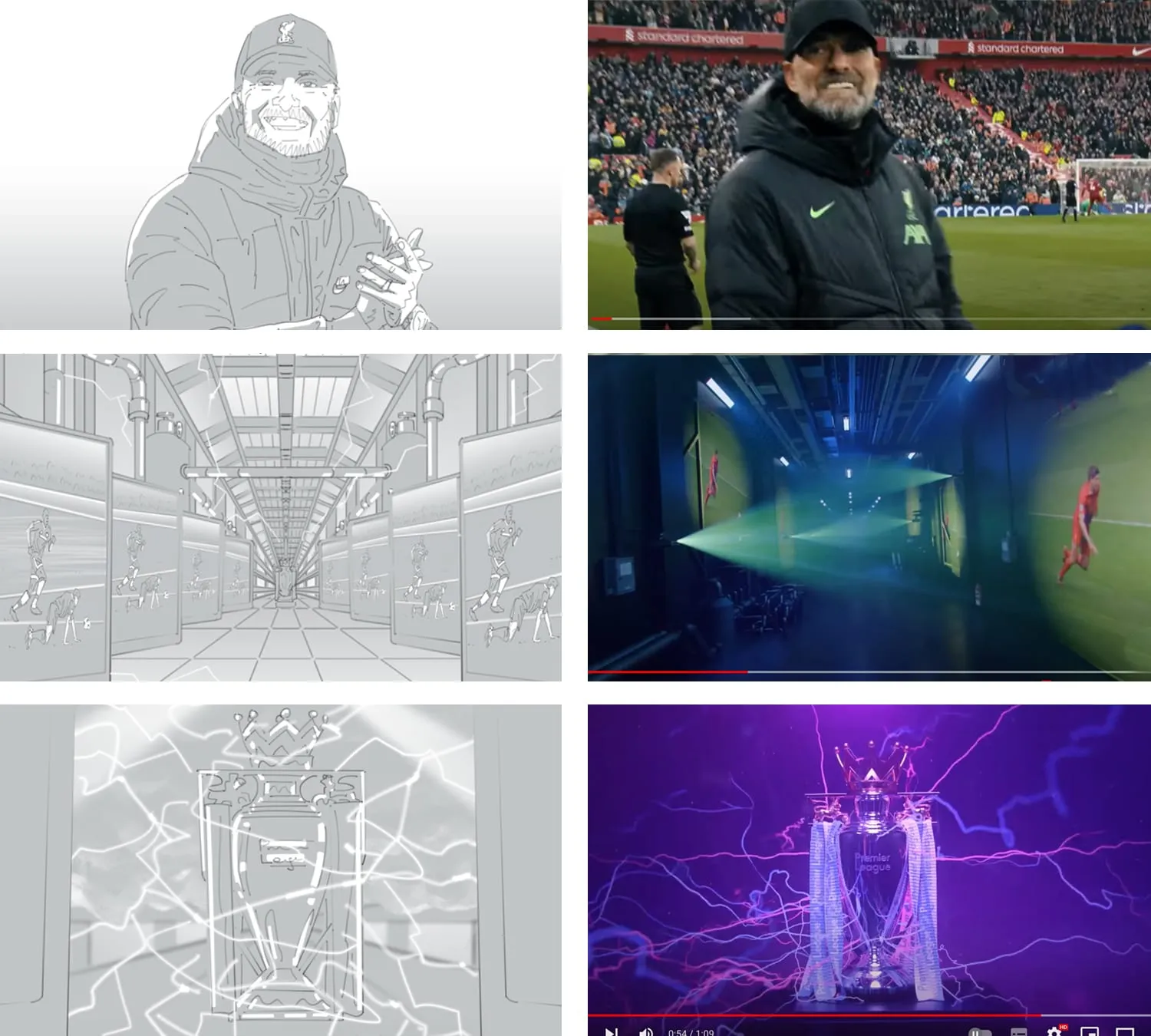 Storyboard sheet by Seb Antoniou — Premier League 'The Run-In' campaign, multi-panel black-and-white storyboard frames showing the campaign edit.