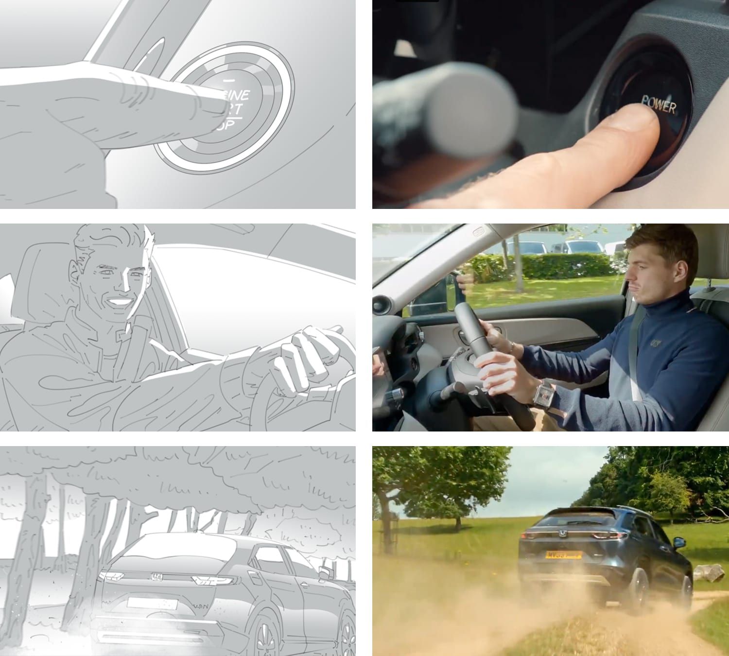 Board-vs-broadcast comparison sheet by Seb Antoniou for the Honda HR-V × Max Verstappen film — storyboard frames of the key-press start, Verstappen at the wheel and the HR-V drive-by, drawn alongside the matching final broadcast frames.