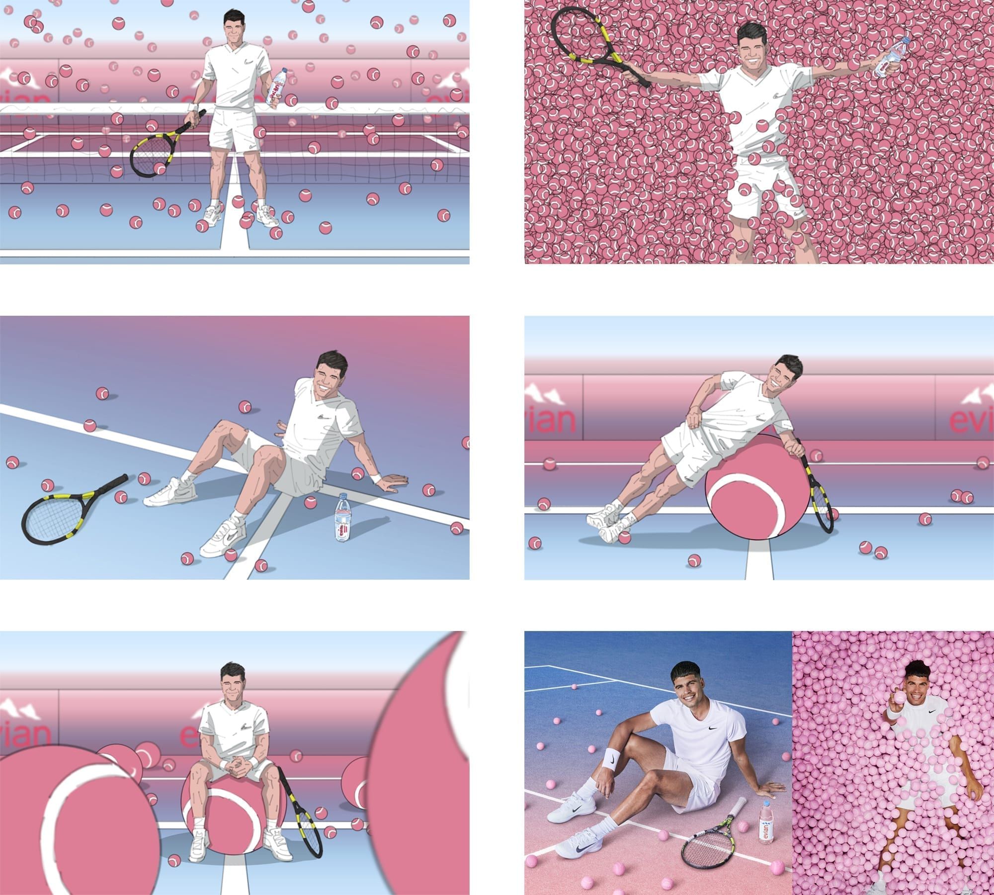 Storyboard sheet by Seb Antoniou for the Evian × Carlos Alcaraz campaign — tennis court action, hero-product frames and brand graphic compositions drawn in black-and-white.