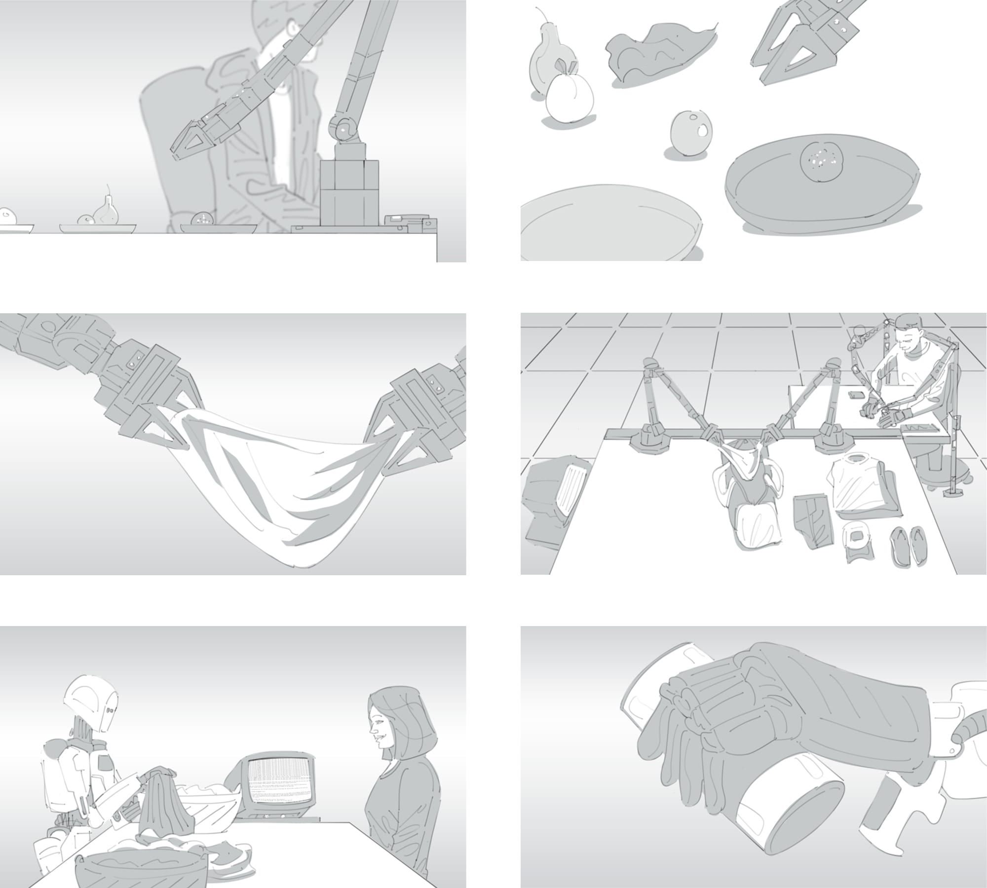 Storyboard sheet by Seb Antoniou for a Google Robotics film — narrative animation panels covering robotic action and human-machine interaction beats, drawn in black-and-white.