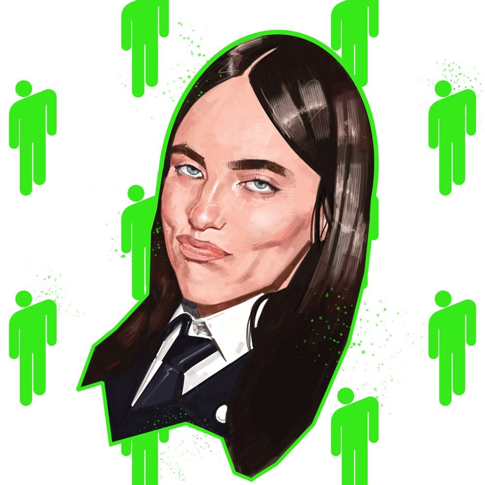 Painted portrait by Seb Antoniou — Billie Eilish in a suit and tie, surrounded by the green stick-figure motif from her stage iconography.