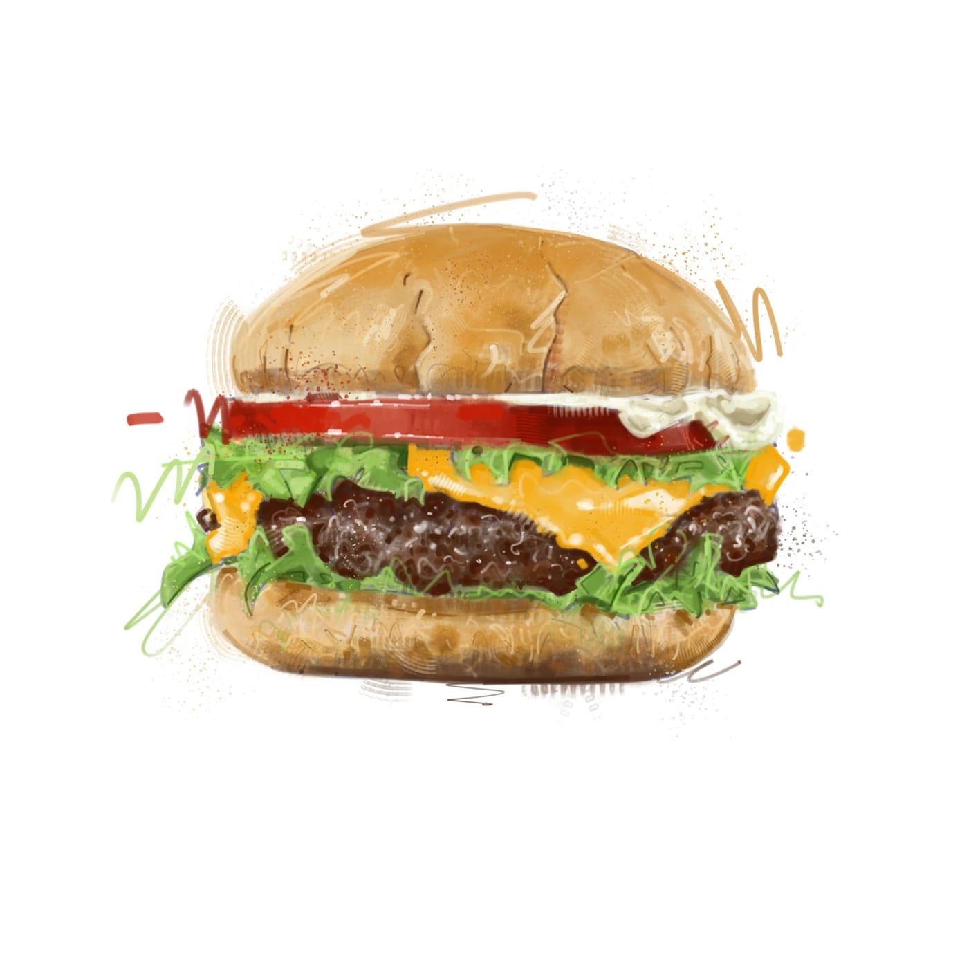 Painted illustration by Seb Antoniou — a cheeseburger with melted cheese, tomato and lettuce on a brioche bun, with loose sketch marks for sauce splashes.