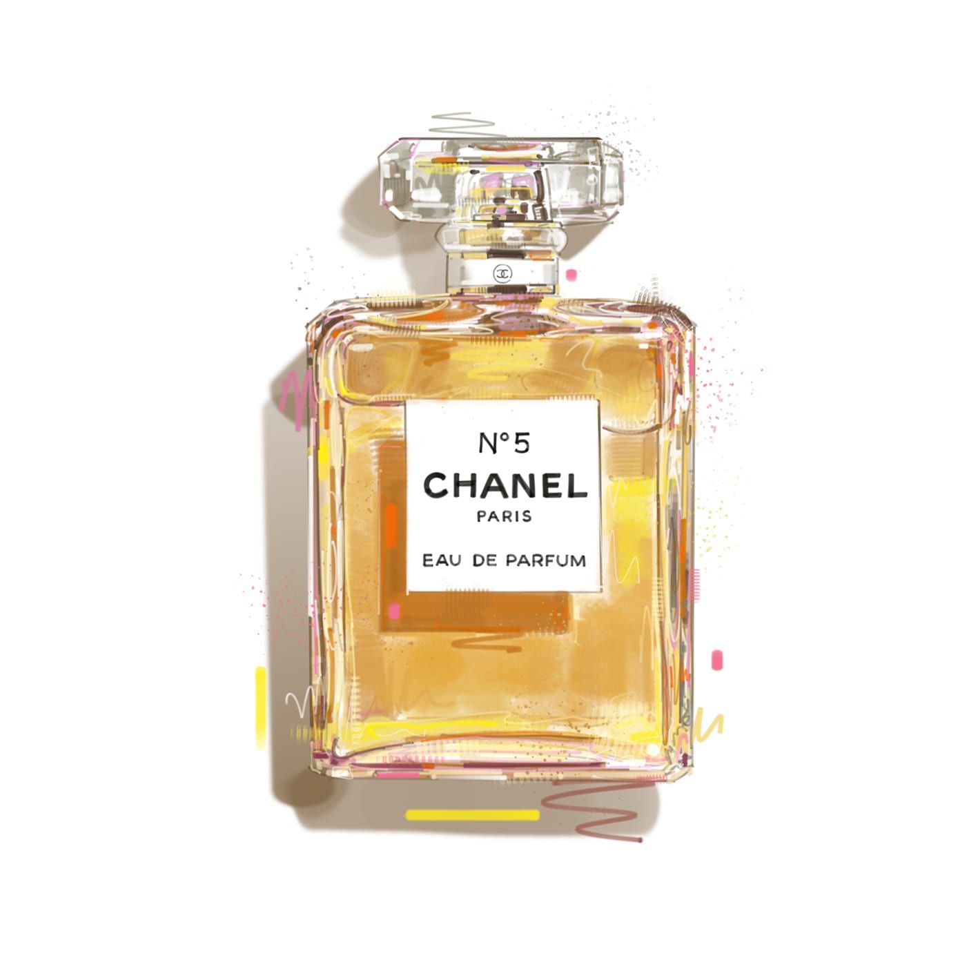 Painted illustration by Seb Antoniou — a Chanel No 5 Eau de Parfum bottle in amber, with loose pink and yellow gesture marks around it.