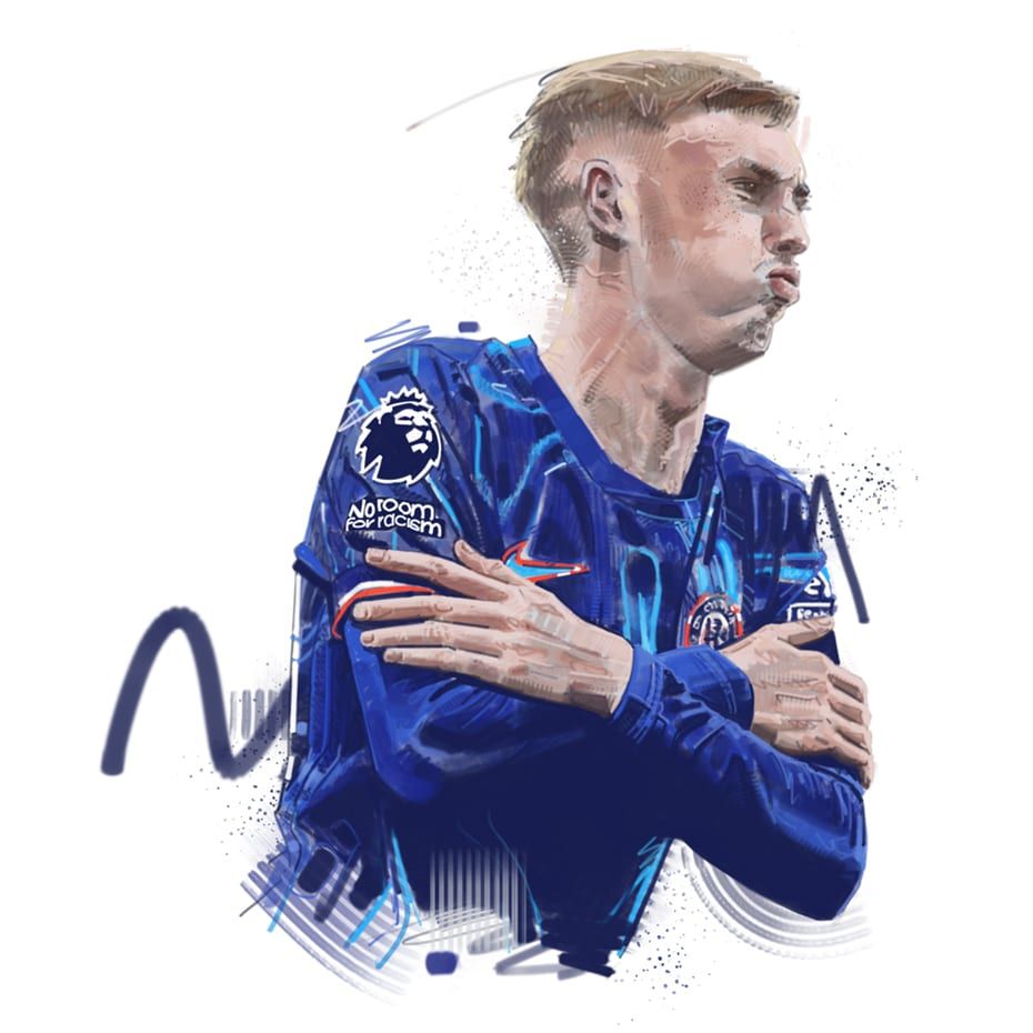 Painted illustration by Seb Antoniou — Cole Palmer in the Chelsea kit, arms folded in his signature "cold" celebration, on a white ground with loose blue gesture lines.