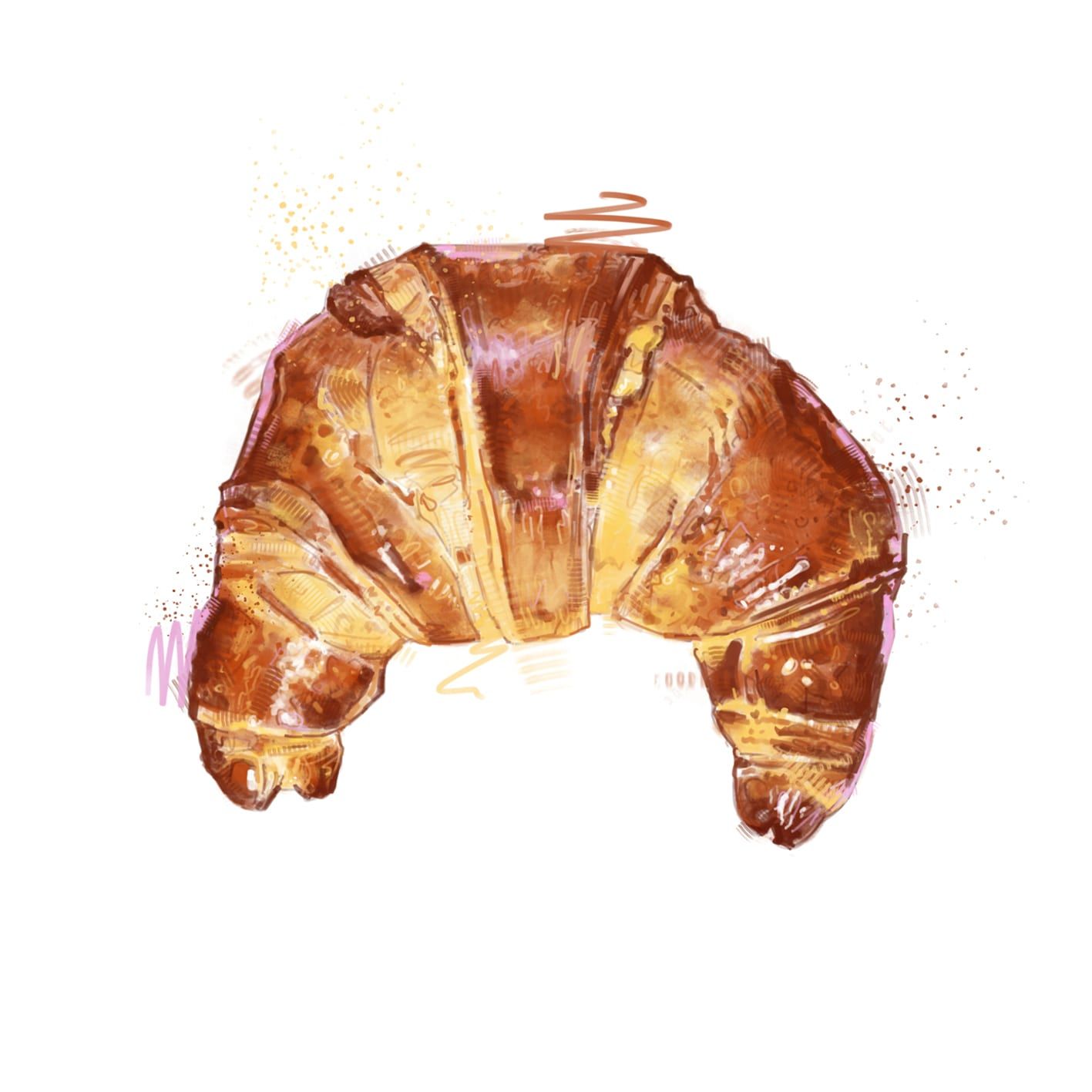 Painted illustration by Seb Antoniou — a single buttery croissant rendered in amber and gold against white, with loose pink and orange scribbles around it.