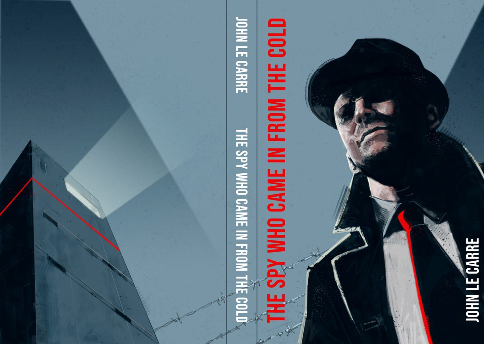 Painted book-cover illustration by Seb Antoniou — a trench-coated figure in a fedora at a Cold War checkpoint, set against the title "The Spy Who Came in from the Cold" by John le Carré.