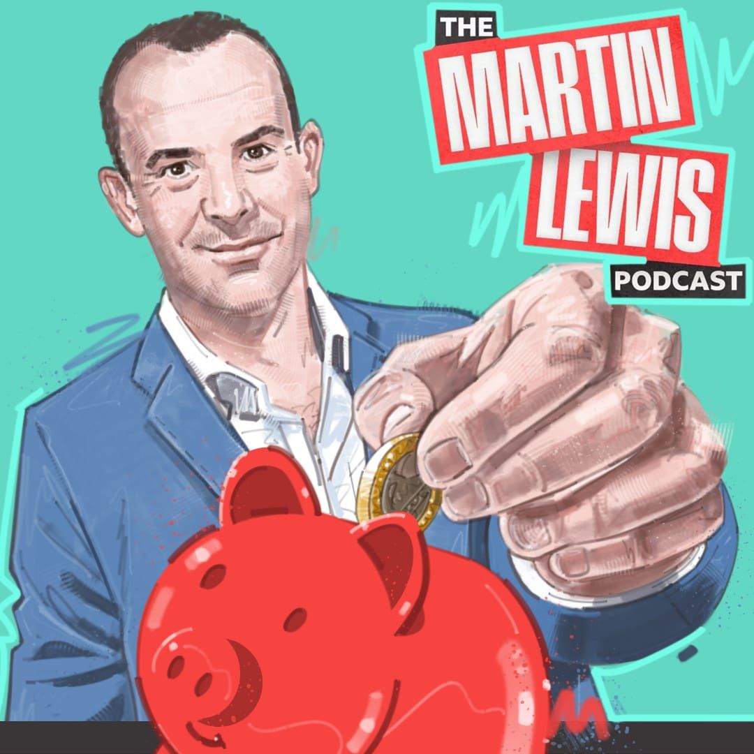 Painted cover artwork by Seb Antoniou for The Martin Lewis Podcast — Martin Lewis dropping a pound coin into a red piggy bank against a teal ground.