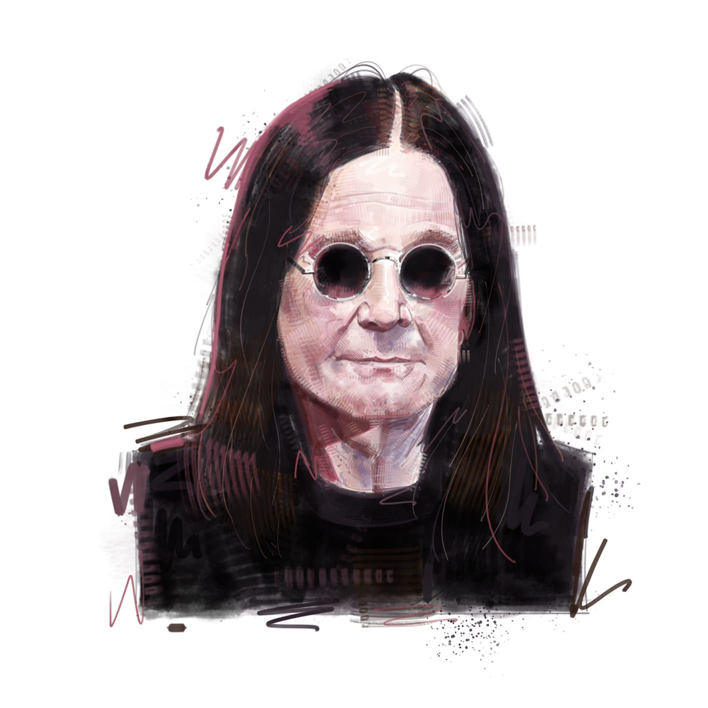 Painted portrait by Seb Antoniou — Ozzy Osbourne in round dark glasses and black tee, with loose red and grey gesture marks behind him.