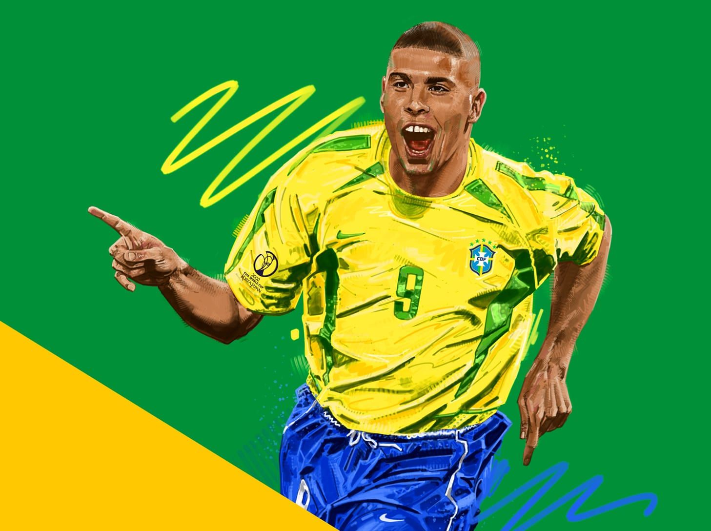 Painted illustration by Seb Antoniou — Ronaldo (R9) in the yellow Brazil 1998 World Cup kit, mid-celebration against a green and yellow ground with loose pencil scribbles.