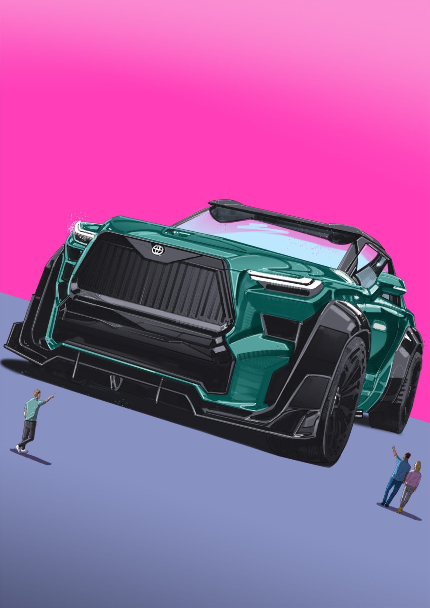 Painted illustration by Seb Antoniou — a wide, low-slung Toyota concept SUV in jade green, photographed from a low front-three-quarter angle against a pink sky, with small onlookers for scale.