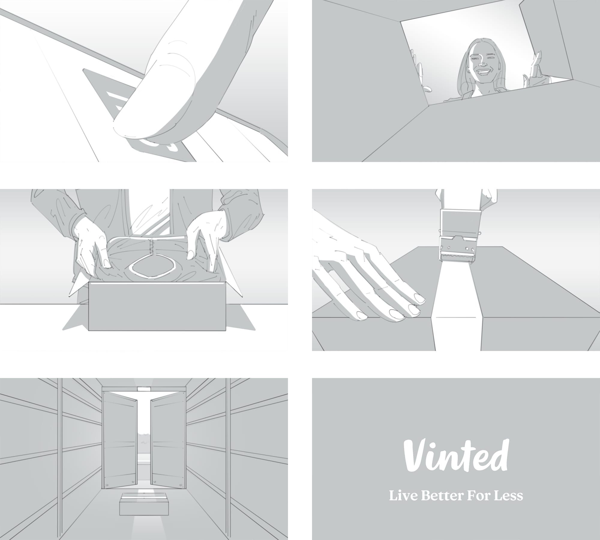 Second storyboard sheet by Seb Antoniou for Vinted — in-room user beats and product detail frames.